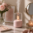 Pink Candlelight Aroma Diffuser Lamp on a marble surface with flowers and a mirror in the background
