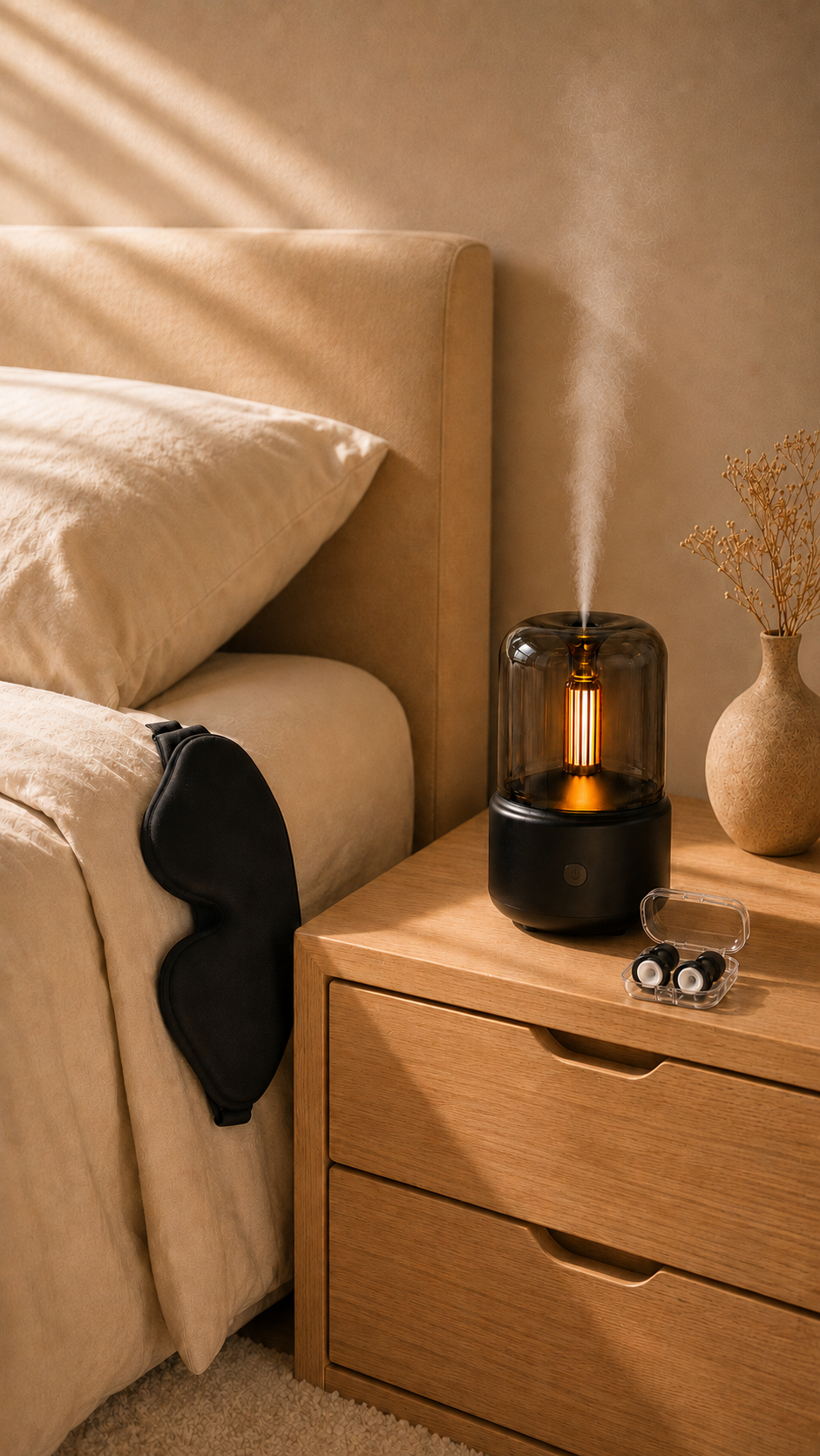 Modern nightstand with a humidifier, glasses, and a vase in a bedroom setting.