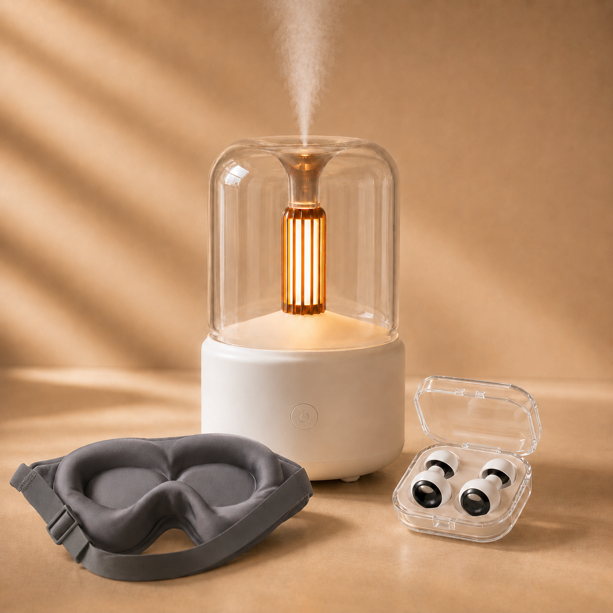 White diffuser with mist, gray eye mask, and clear case with black and white items on a beige background