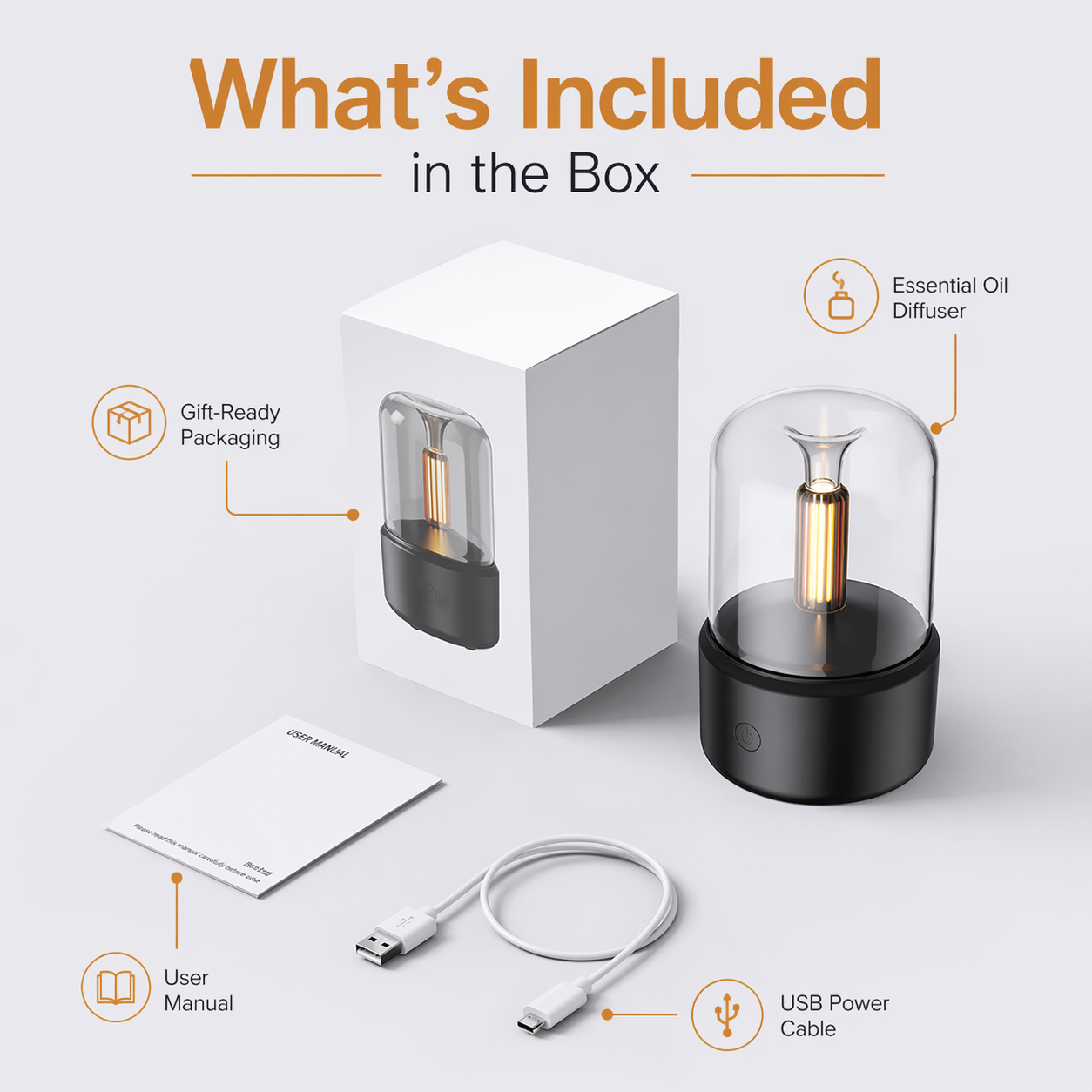Candlelight Aroma Diffuser Lamp with packaging, user manual, and USB cable on a white background
