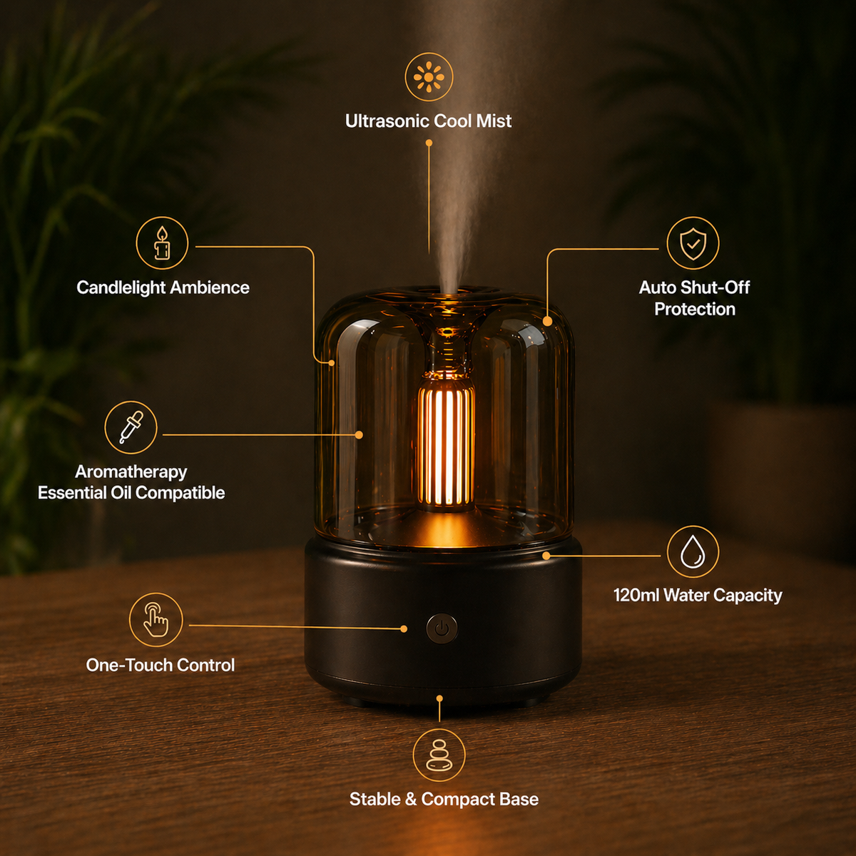 Black Candlelight Aroma Diffuser Lamp on a wooden surface with features highlighted.