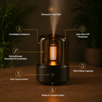 Black Candlelight Aroma Diffuser Lamp on a wooden surface with features highlighted.