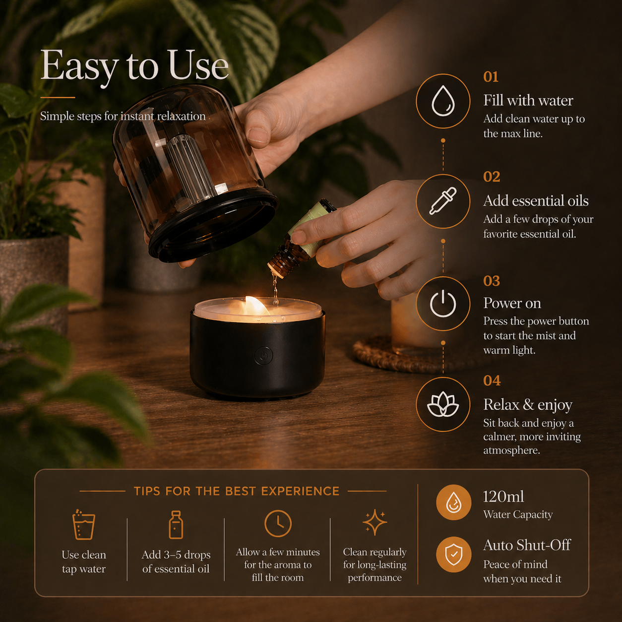 Hand using the Candlelight Aroma Diffuser Lamp and adding essential oils, with text on how to use it and product details.