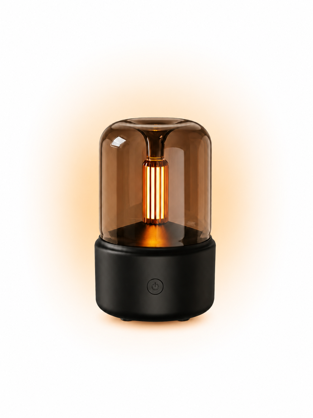 Black diffuser with warm amber glow on a clean white background with soft orange gradient.