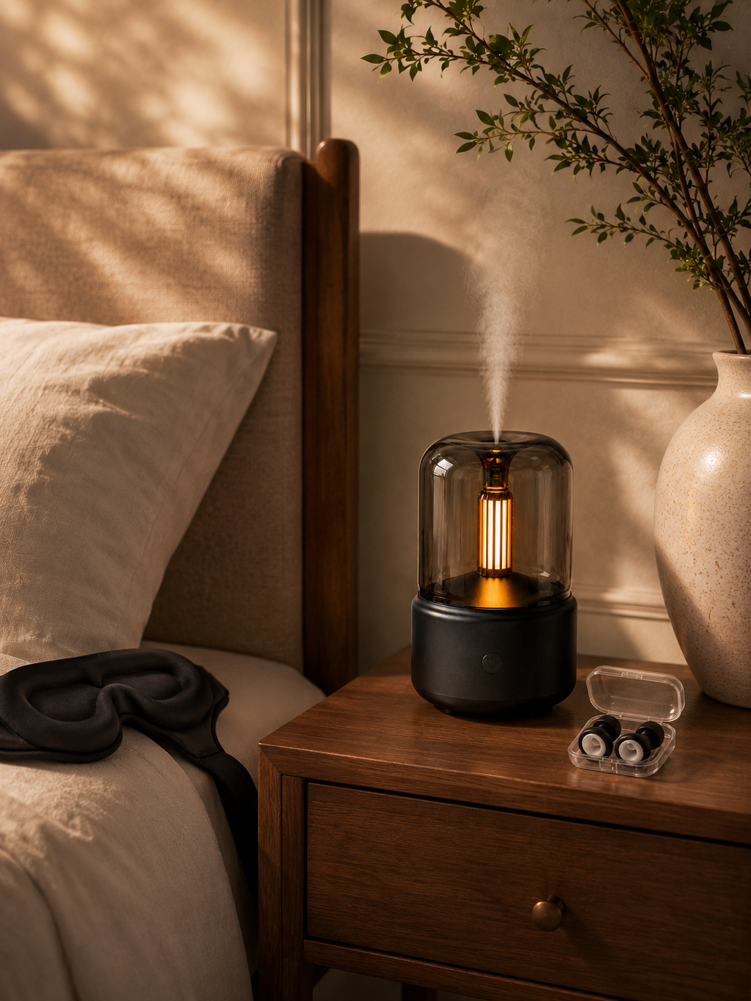 Black diffuser with warm mist on a wooden bedside table beside a black sleep mask and earplugs in a cozy bedroom setting.