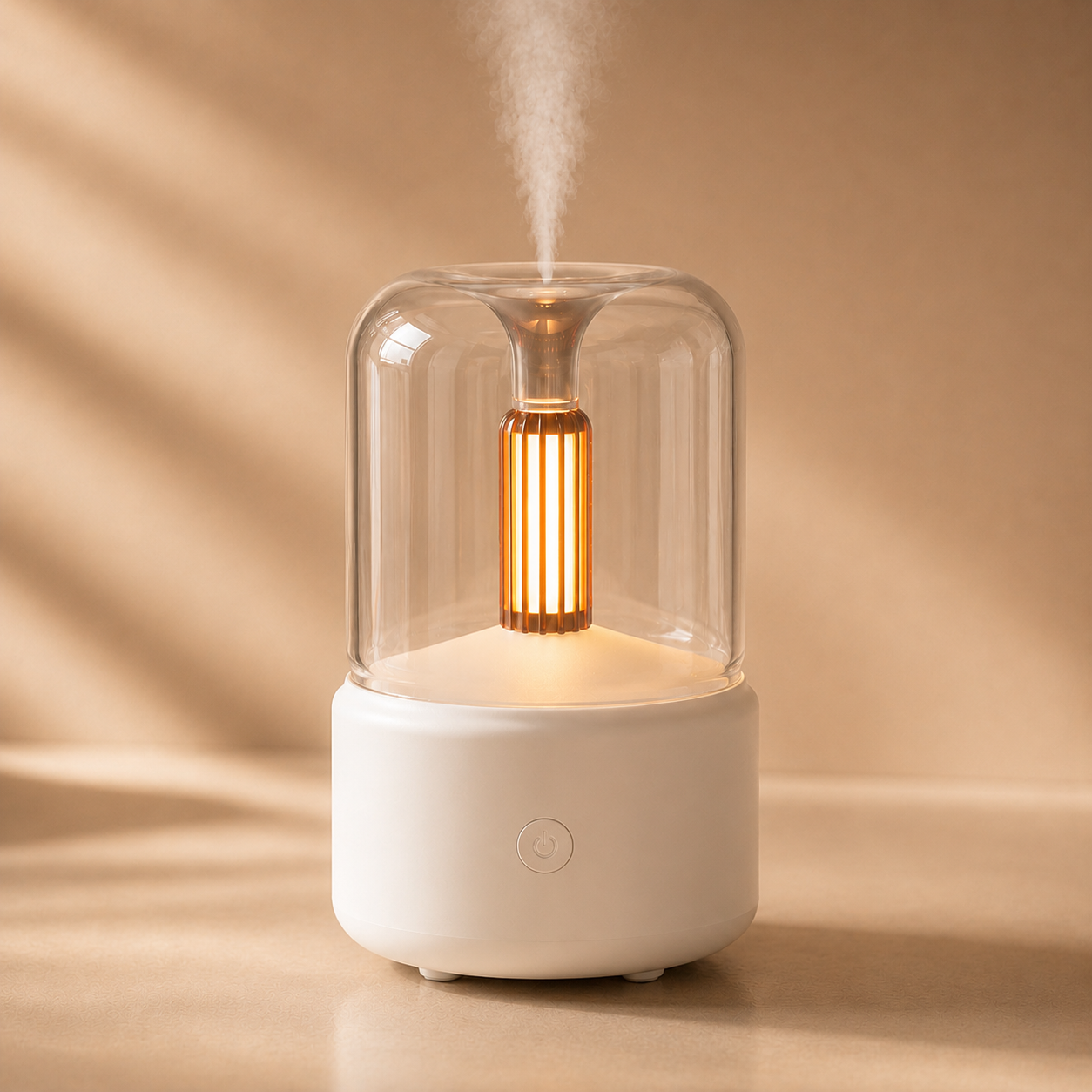 White diffuser with a warm amber glow and soft mist, shown on a neutral beige background.