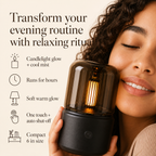 Young woman smiling with eyes closed while holding a glowing black  diffuser near her face, with text highlighting candlelight glow, cool mist, long runtime, one-touch use, auto shut-off, and compact 6-inch size