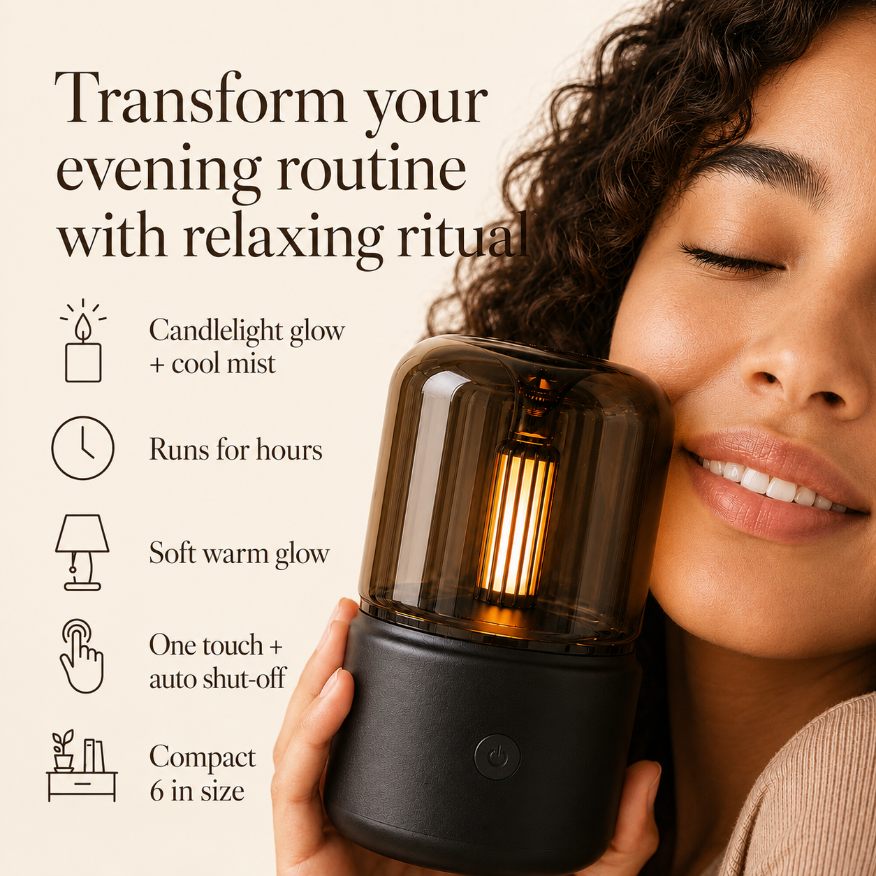 Young woman smiling with eyes closed while holding a glowing black  diffuser near her face, with text highlighting candlelight glow, cool mist, long runtime, one-touch use, auto shut-off, and compact 6-inch size