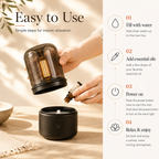 Step-by-step Vellura Living diffuser setup guide showing hands adding essential oils to a black diffuser with instructions to fill with water, add oils, press once for mist, hold for warm light, and relax.