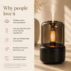 Infographic titled “Why people love it” showing the Vellura Living diffuser with a warm glow and mist, alongside benefits including cozy atmosphere, essential oil aroma, soft ambient light, elevated room style, and support for wind-down routines.