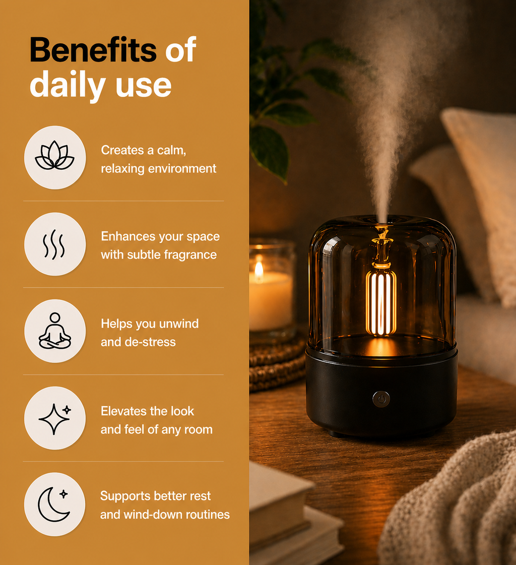 Candlelight Aroma Diffuser Lamp on a table with text listing benefits of daily use.