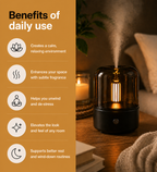 Candlelight Aroma Diffuser Lamp on a table with text listing benefits of daily use.