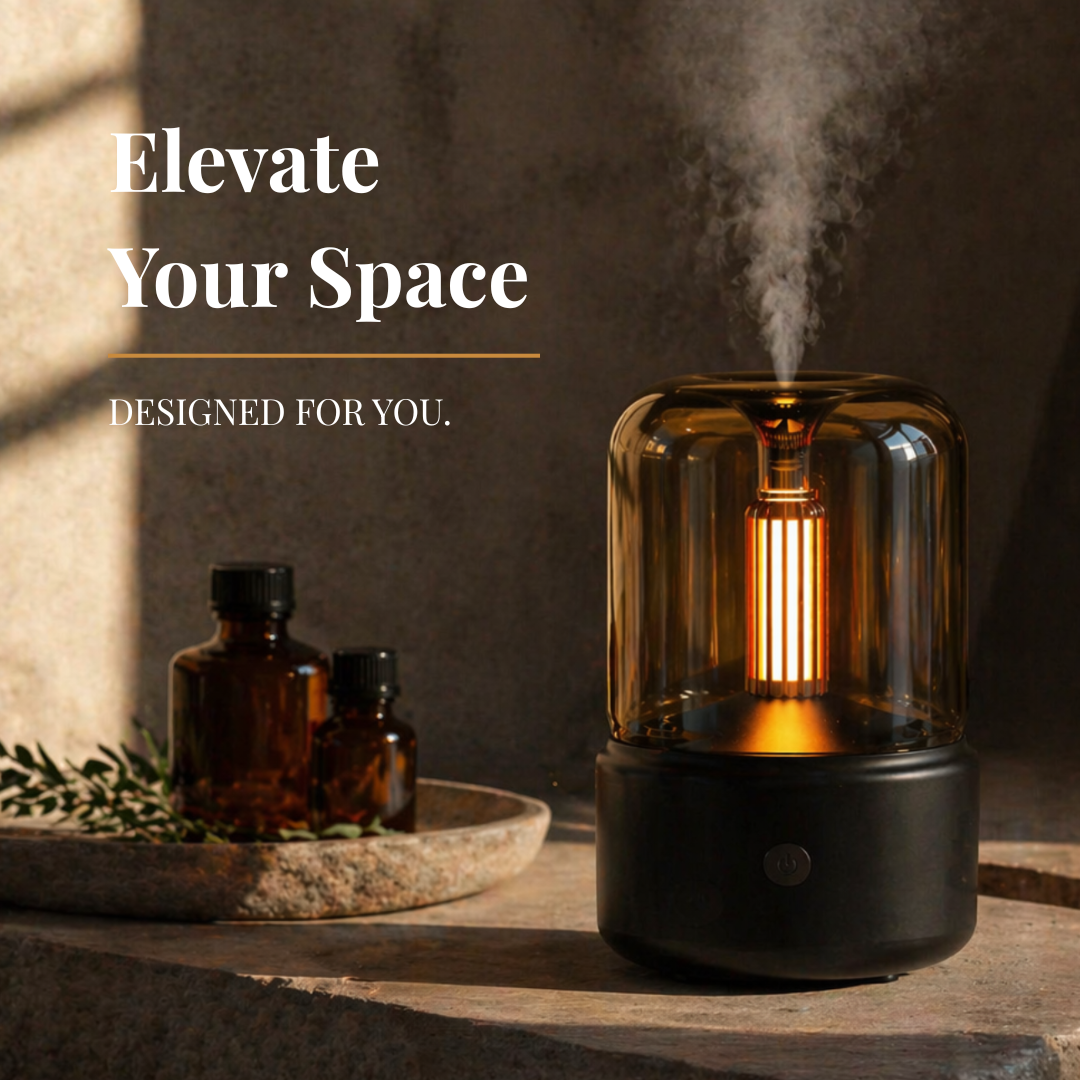 A Candlelight Aroma Diffuser Lamp emitting steam with text 'Elevate Your Space' on a stone surface.