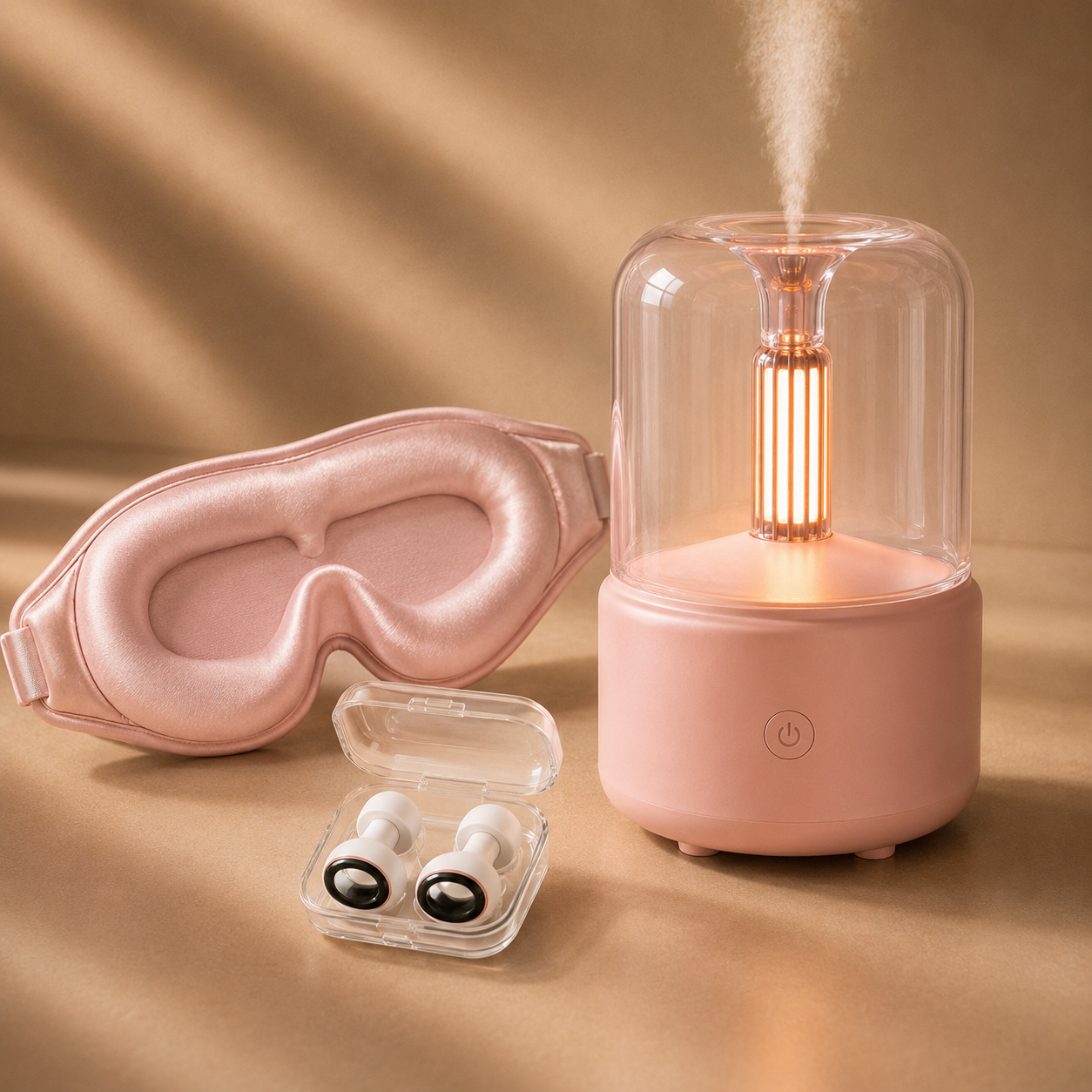 Pink eye mask, earbuds in a case, and pink humidifier on a beige background