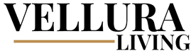 Logo of Vellura Living with a gold line underneath the text.